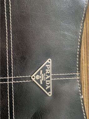 Prada Black Leather Tote with White Stitching and Triangle Logo Plaque